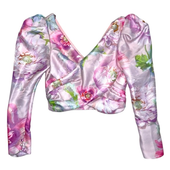 Flor Et.Al “Porsepine” Floral Pink Women's Cropped‎ Puff Sleeve Blouse - Picture 1 of 7